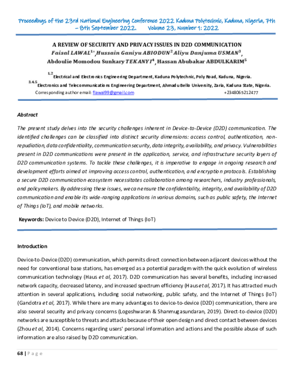 (PDF) A REVIEW OF SECURITY AND PRIVACY ISSUES IN D2D COMMUNICATION