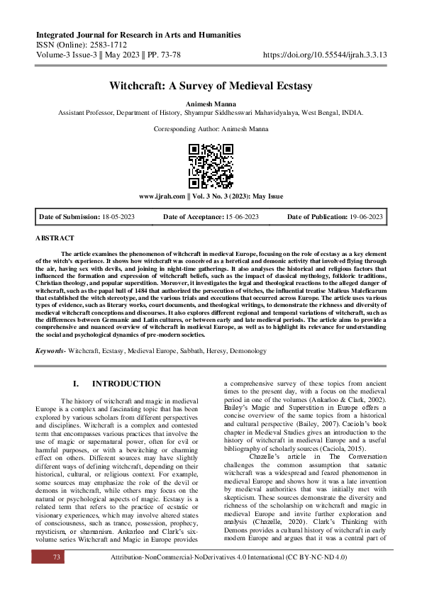 (PDF) Witchcraft: A Survey of Medieval Ecstasy