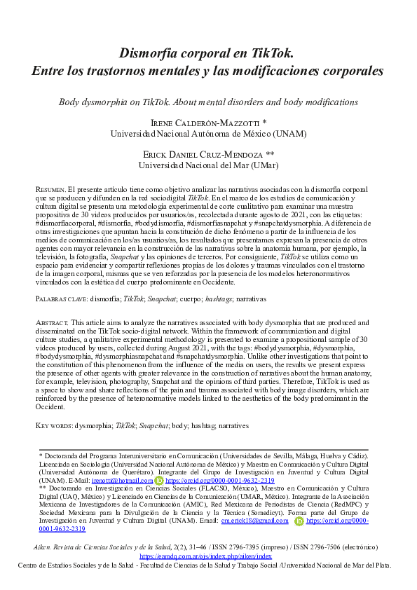(PDF) Dismorfia corporal en TikTok. Entre los trastornos mentales y las