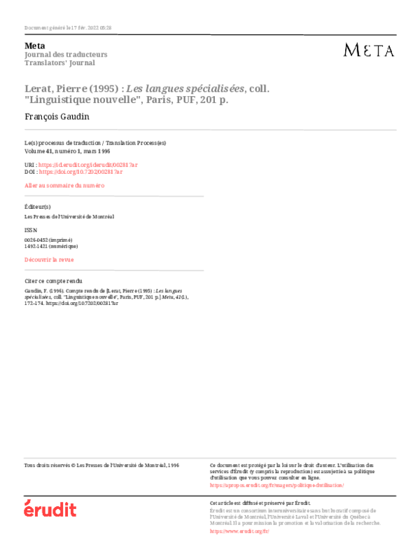 PDF) Lerat, Pierre (1995) : Les langues spécialisées, coll