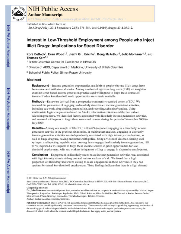 (PDF) Interest in lowthreshold employment among people who inject