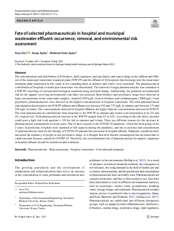 (PDF) Fate of selected pharmaceuticals in hospital and municipal ...