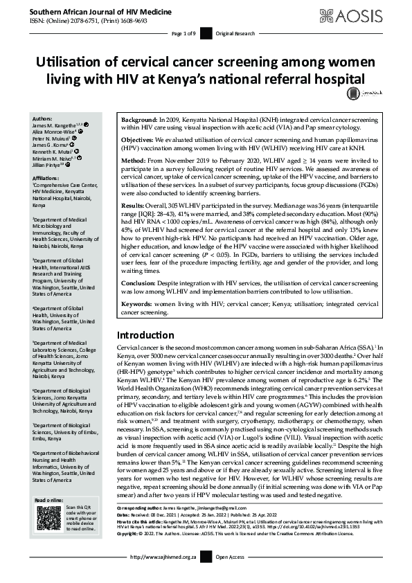 (PDF) Utilisation of cervical cancer screening among women living with ...