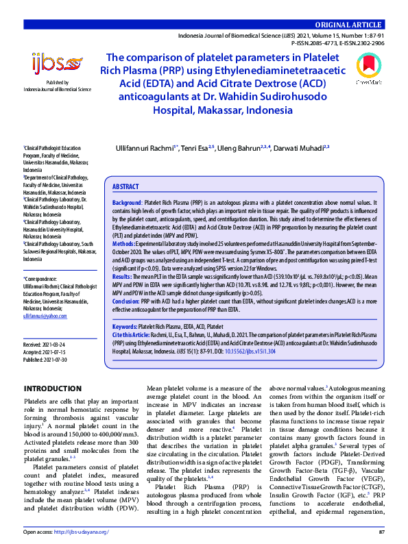 (PDF) The comparison of platelet parameters in Platelet Rich Plasma ...