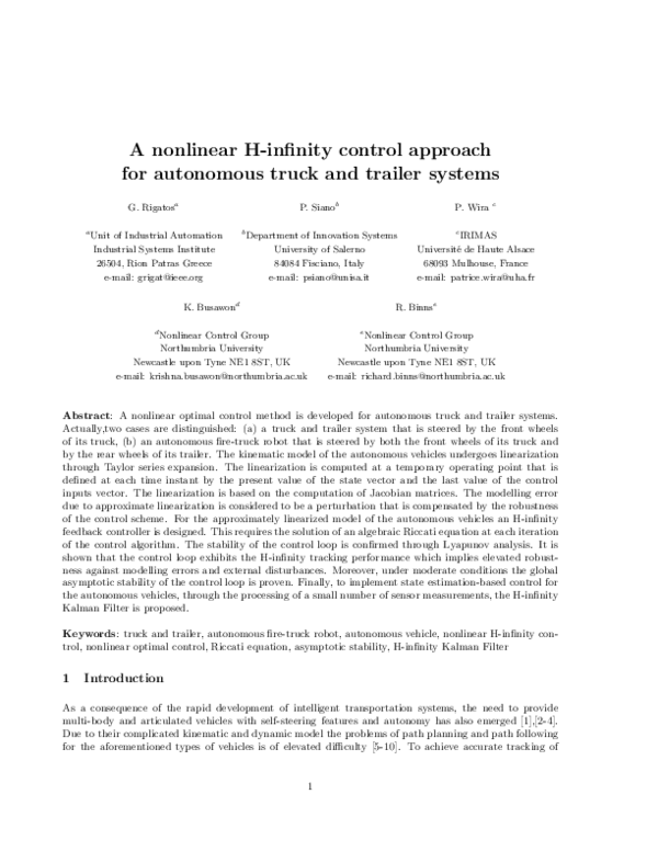 (PDF) A Nonlinear H-infinity Control Approach for Autonomous Truck and ...