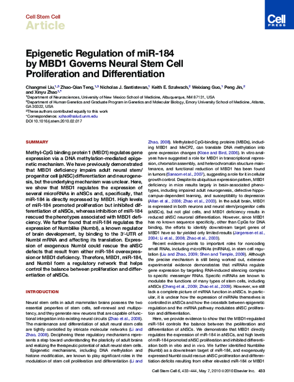 (PDF) Epigenetic Regulation of miR-184 by MBD1 Governs Neural Stem Cell ...