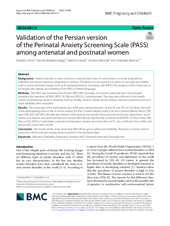 (PDF) Validation of the Persian version of the Perinatal Anxiety ...