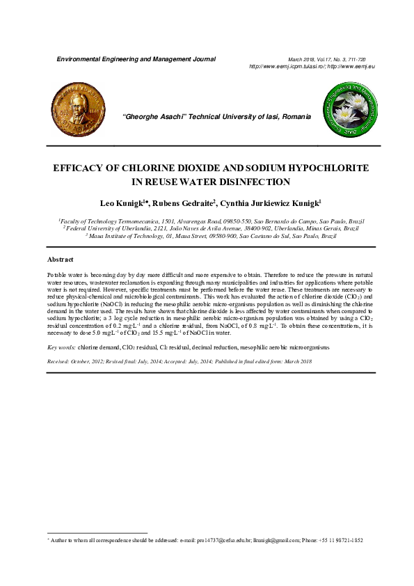 (PDF) Efficacy of Chlorine Dioxide and Sodium Hypochlorite in Reuse Water Disinfection Rubens