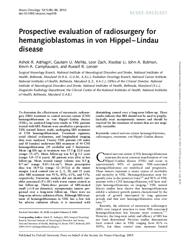 (PDF) Prospective evaluation of radiosurgery for hemangioblastomas in