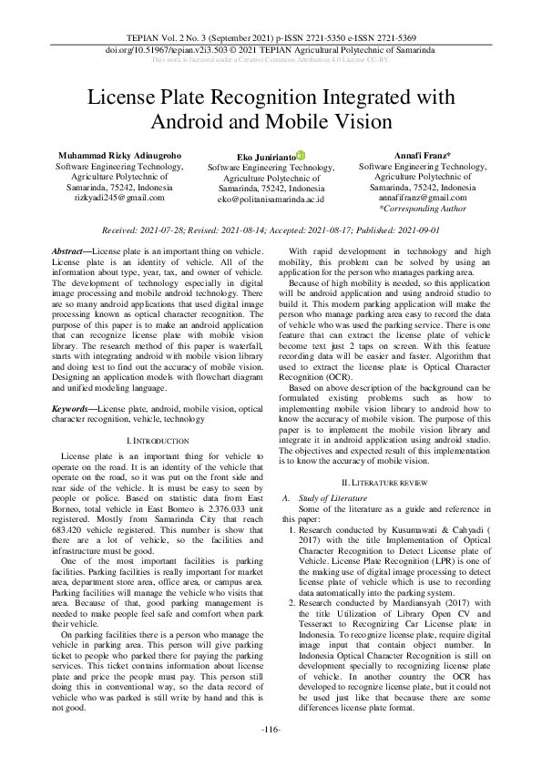 (PDF) License Plate Recognition Integrated with Android and Mobile Vision