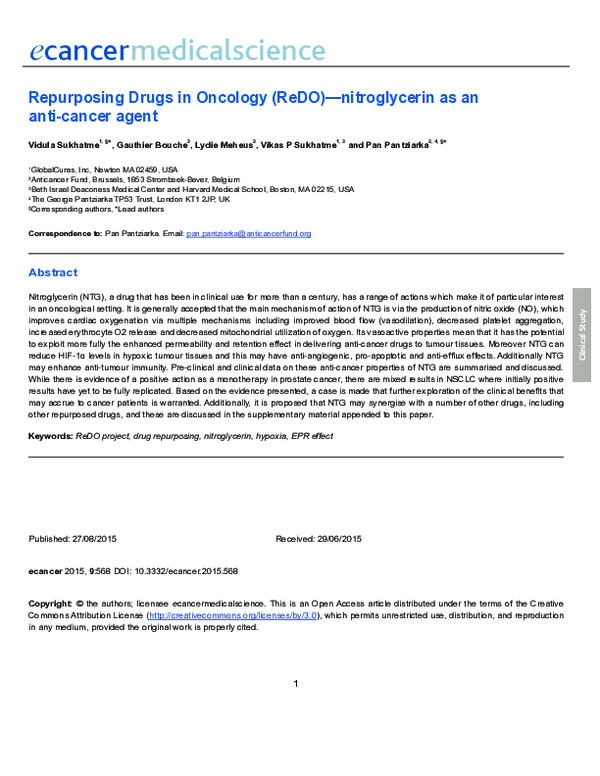 (PDF) Repurposing Drugs in Oncology (ReDO)—nitroglycerin as an anti ...