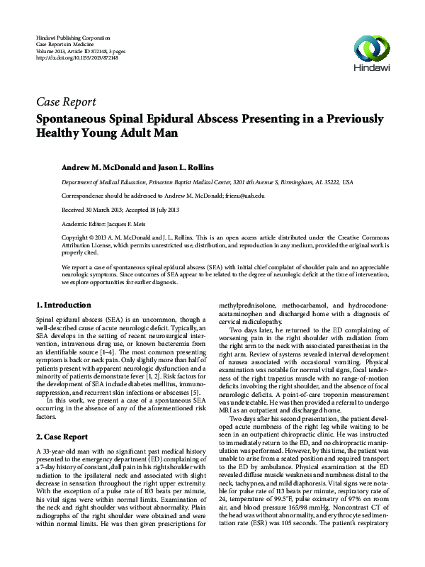 (PDF) Spontaneous spinal epidural abscess presenting in a previously ...