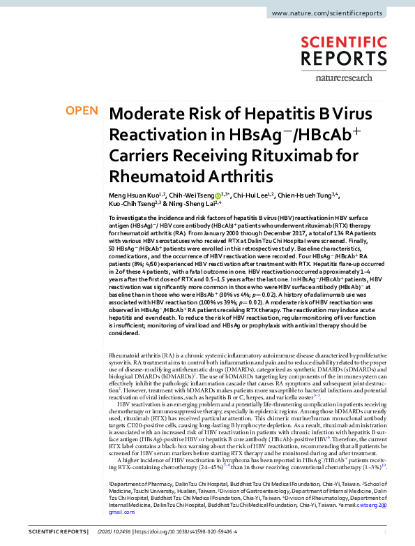 (PDF) Moderate Risk of Hepatitis B Virus Reactivation in HBsAg−/HBcAb+ ...