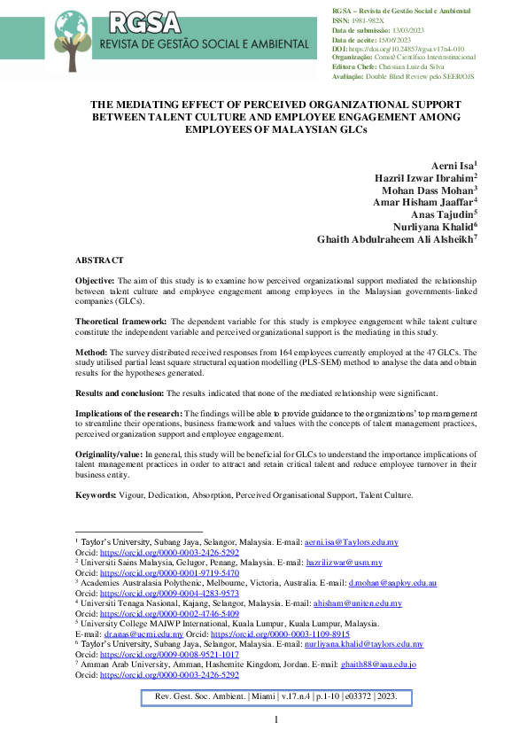(PDF) The Mediating Effect of Perceived Organizational Support Between ...