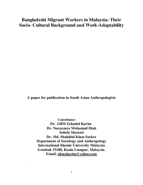 (PDF) Bangladeshi Migrant Workers in Malaysia: Their Socio- Cultural ...