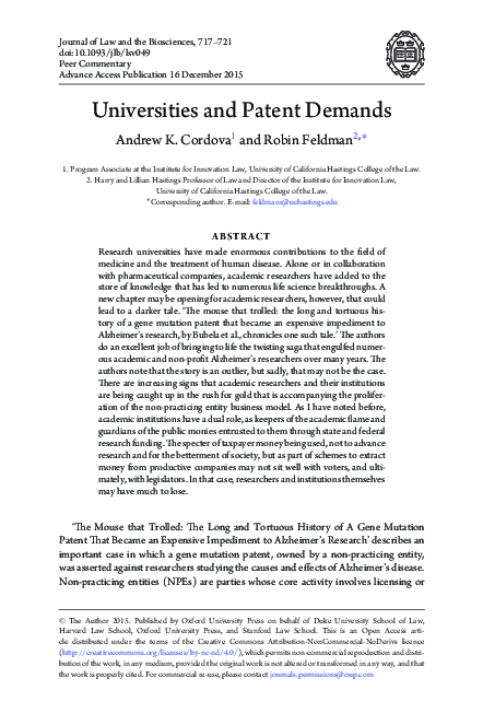 (PDF) Universities and Patent Demands