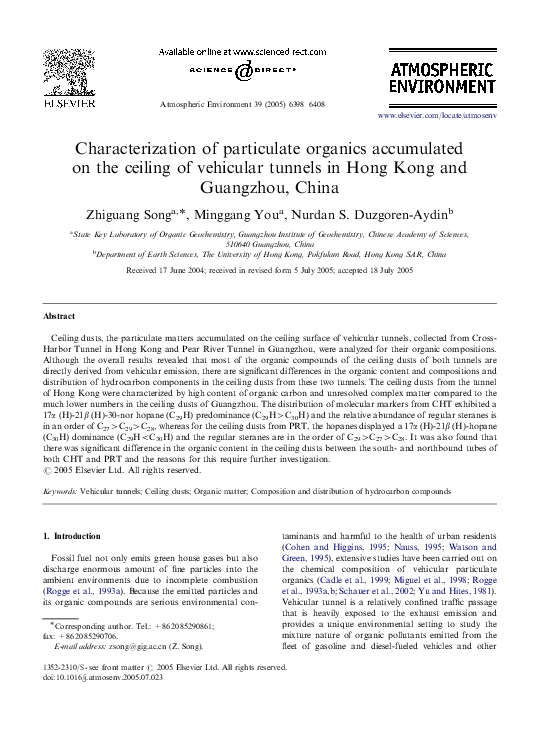 Characterization of particulate organics accumulated on the ceiling of vehicular tunnels in Hong Kong and Guangzhou, China