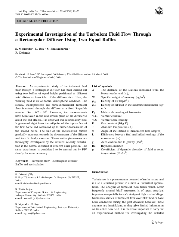 (PDF) Experimental Investigation of the Turbulent Fluid Flow Through a ...