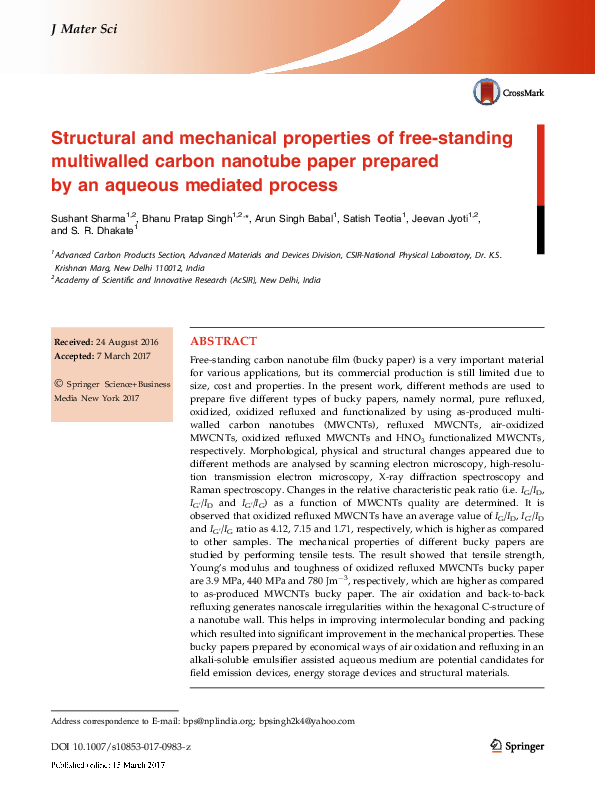 (PDF) Structural and mechanical properties of free-standing multiwalled ...