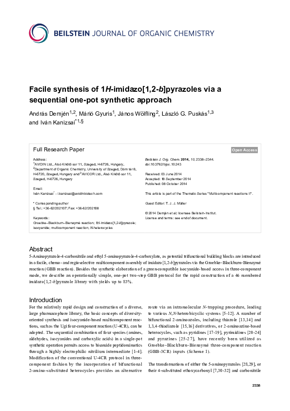 (PDF) Facile synthesis of 1H-imidazo[1,2-b]pyrazoles via a sequential ...