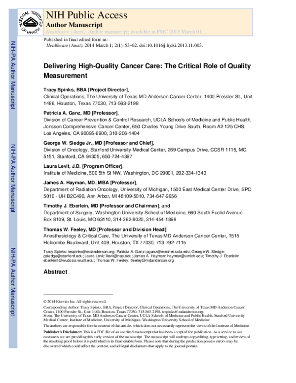(PDF) Delivering high-quality cancer care: The critical role of quality ...