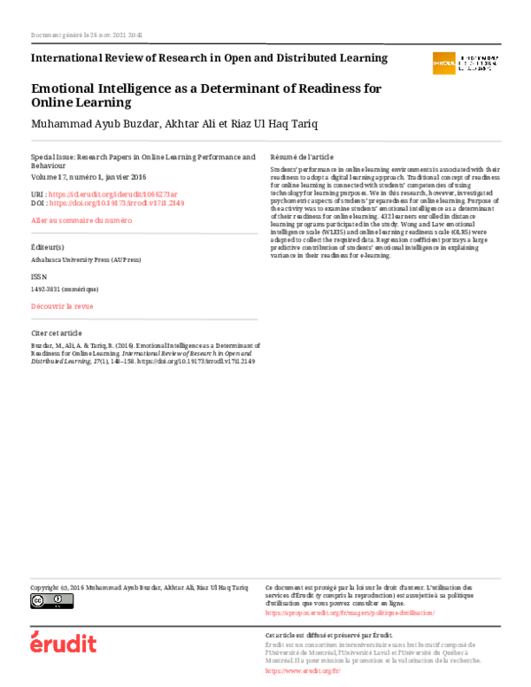 (PDF) Emotional Intelligence as a Determinant of Readiness for Online ...
