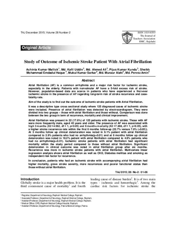 (PDF) Study on outcome of ischemic stroke patient with atrial fibrillation