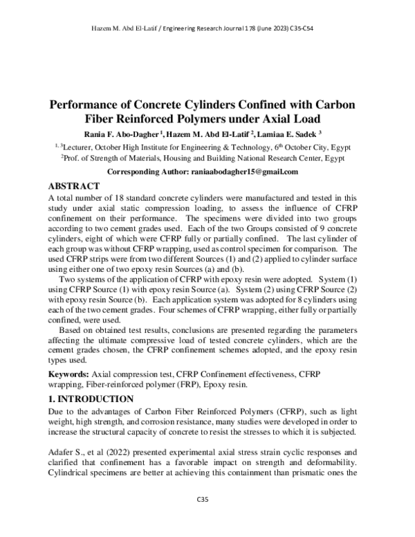 (PDF) Performance of Concrete Cylinders Confined with Carbon Fiber ...