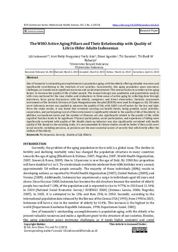 (PDF) The WHO Active Aging Pillars and Their Relationship with Quality ...