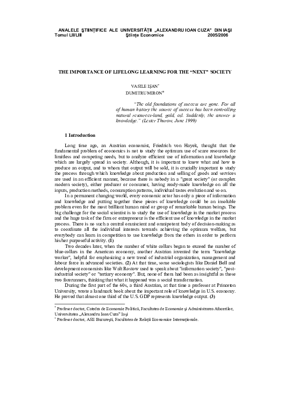 (PDF) The importance of lifelong learning for the "next" society