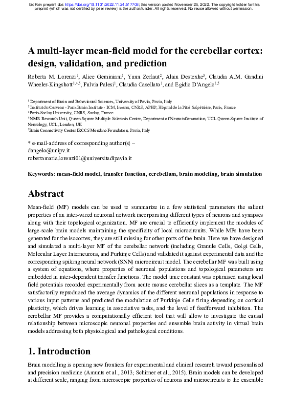 (PDF) A multi-layer mean-field model for the cerebellar cortex: design ...