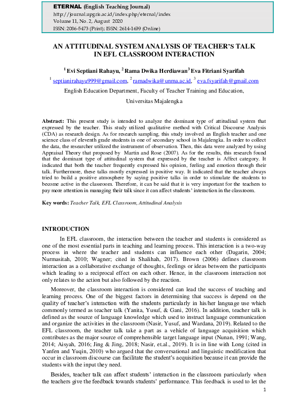 (PDF) An Attitudinal System Analysis of Teacher’s Talk in Efl Classroom ...