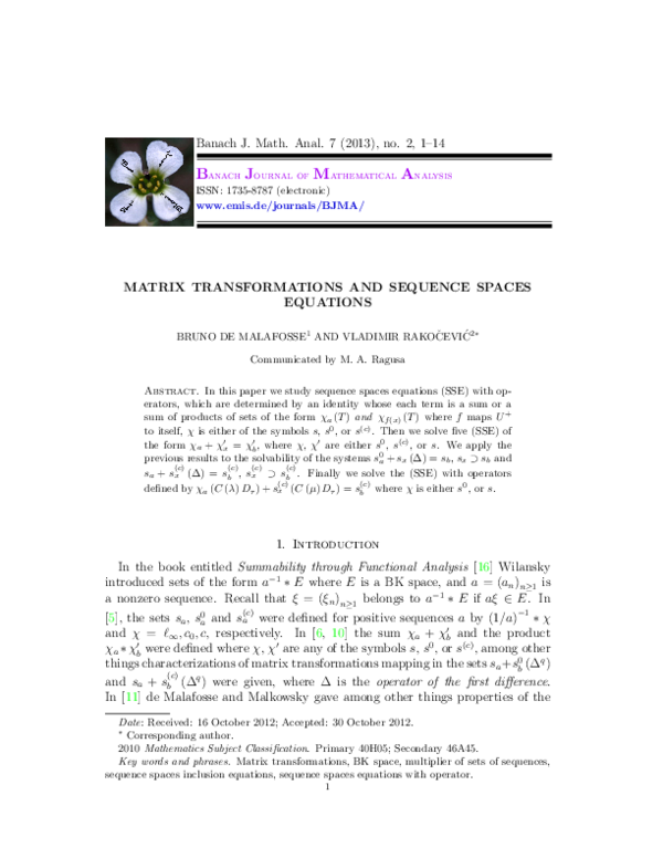 (PDF) Matrix transformations and sequence spaces equations