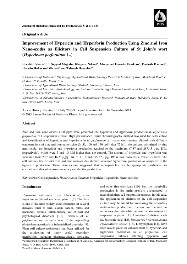 (PDF) Improvement of Hypericin and Hyperforin Production Using Zinc and ...