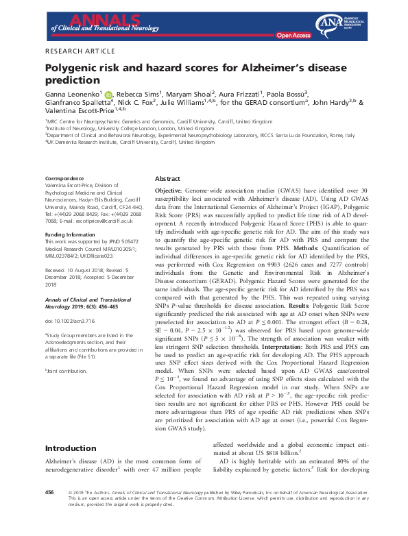 (PDF) Polygenic risk and hazard scores for Alzheimer's disease prediction