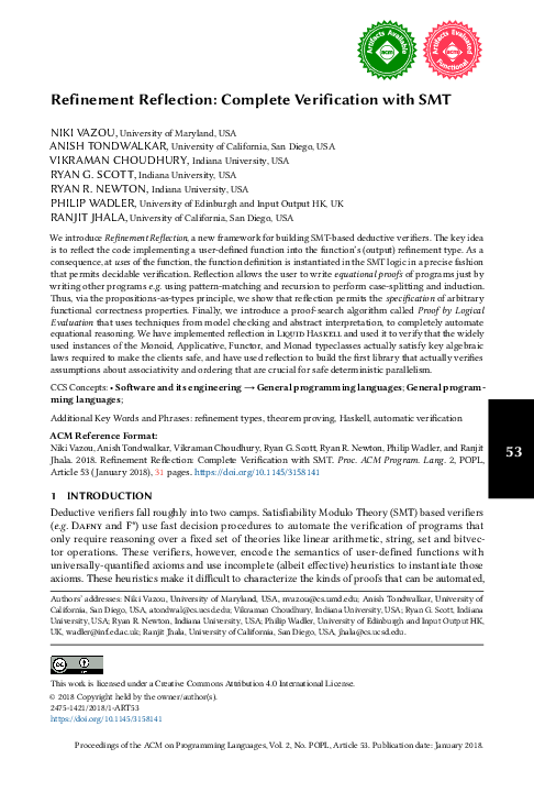 (PDF) Refinement reflection: complete verification with SMT