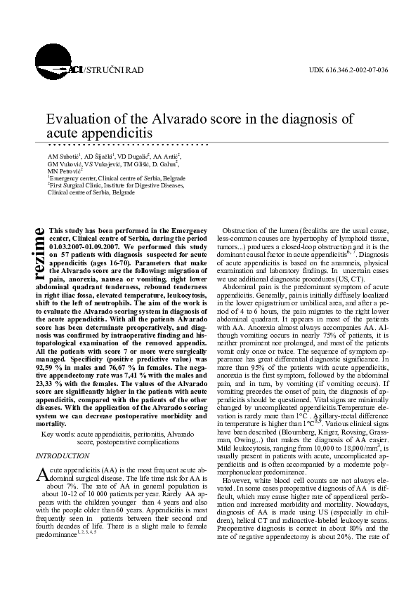 (PDF) Evaluation of the Alvarado score in the diagnosis of acute ...