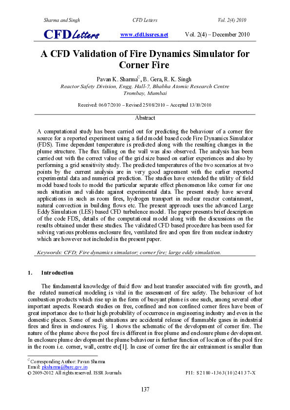 (PDF) A CFD Validation of Fire Dynamic Simulator for Corner Fire