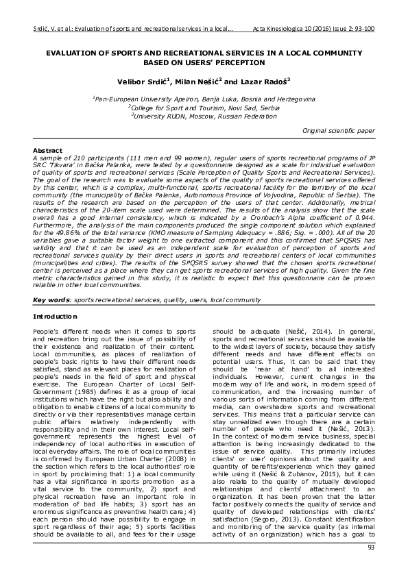 (PDF) Evaluation of Sports and Recreational Services in a Local ...