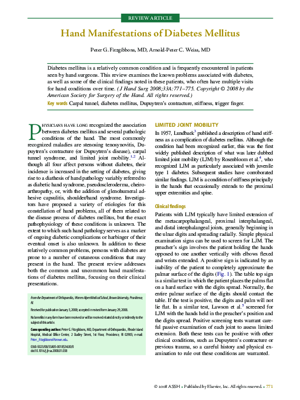 (PDF) Hand Manifestations of Diabetes Mellitus
