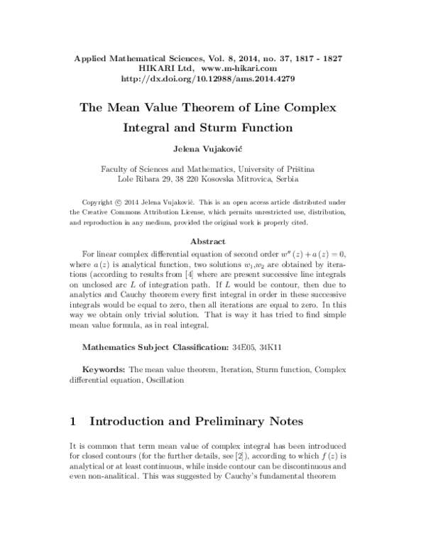 (PDF) The mean value theorem of line complex integral and Sturm