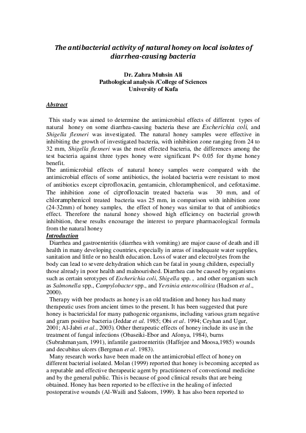 (PDF) The antibacterial activity of natural honey on local isolates of diarrheacausing bacteria