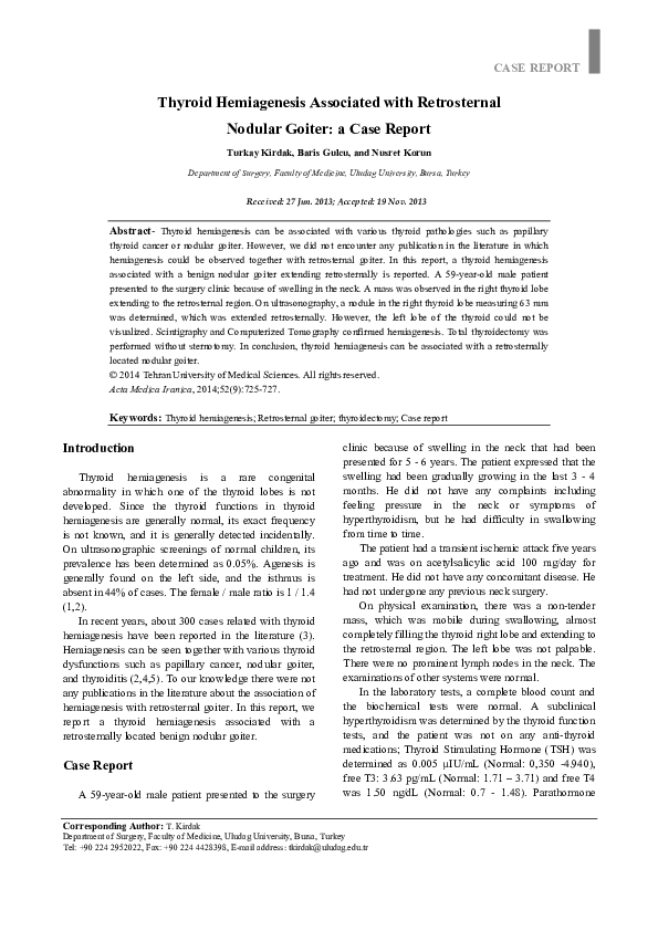 (PDF) Thyroid hemiagenesis associated with retrosternal nodular goiter ...