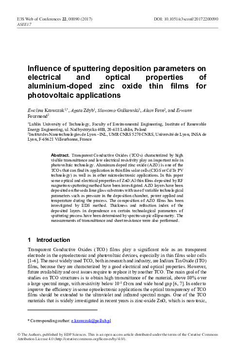 (PDF) Influence of sputtering deposition parameters on electrical and ...
