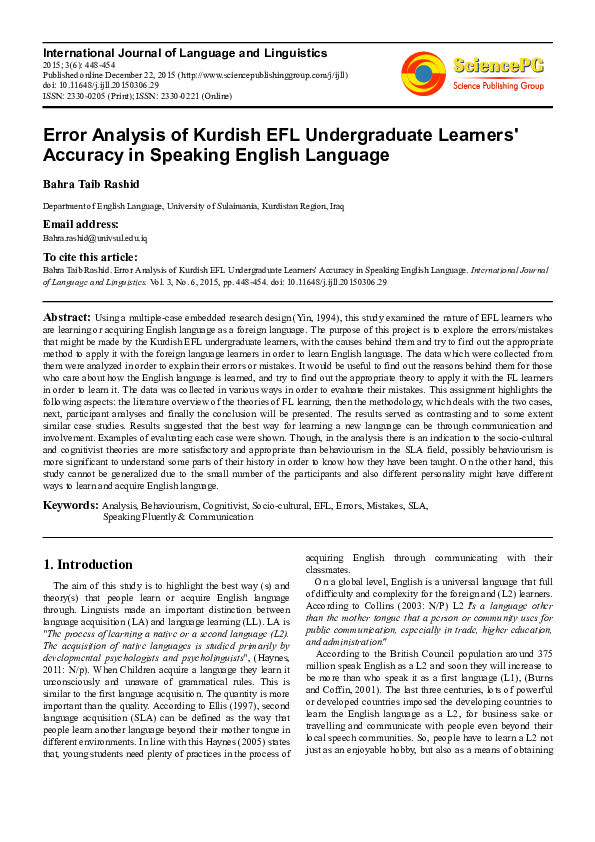 (PDF) Error Analysis of Kurdish EFL Undergraduate Learners' Accuracy in ...