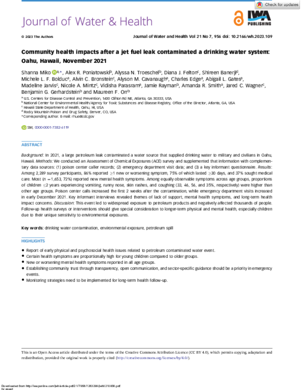 (PDF) Community health impacts after a jet fuel leak contaminated a