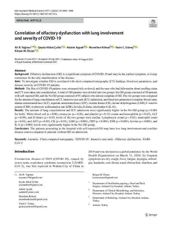 (PDF) Correlation of olfactory dysfunction with lung involvement and ...
