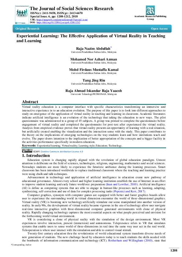Experiential Learning: The Effective Application of Virtual Reality in ...