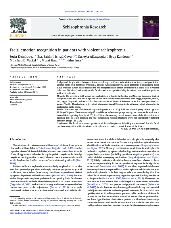(PDF) Facial emotion recognition in patients with violent schizophrenia