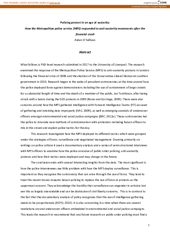 (PDF) Policing protest in an age of austerity: How the Metropolitan ...